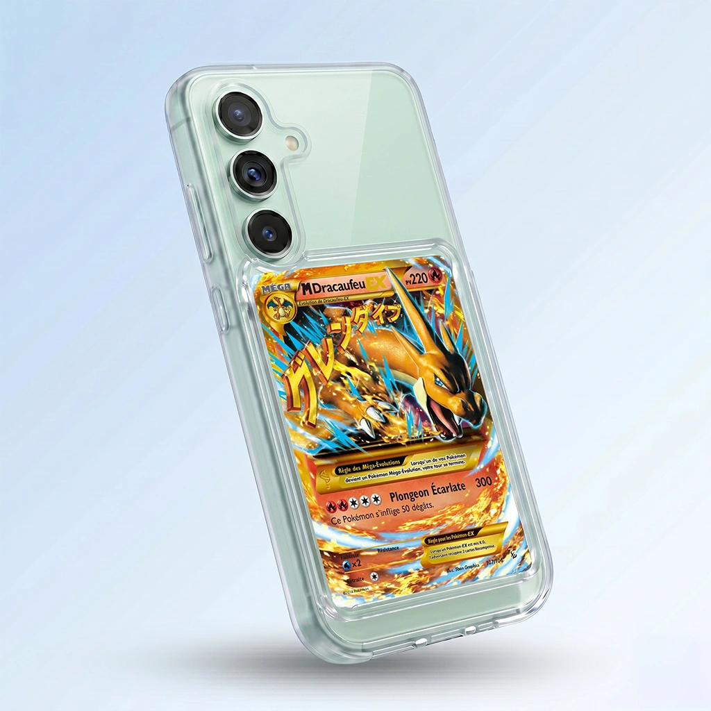 Coque Samsung S24 FE transparente avec slot pour carte (Pokémon, One Piece, Magic & TCG).