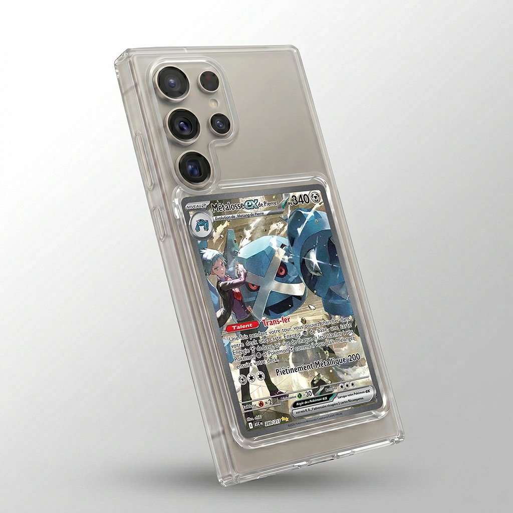 Coque téléphone transparente avec carte Métalosse EX affichée sur Samsung S24 Ultra