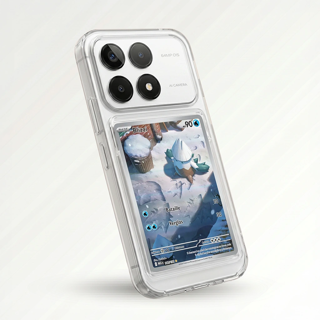 Coque Poco K70 transparente avec slot pour carte (Pokémon, One Piece, Magic & TCG).