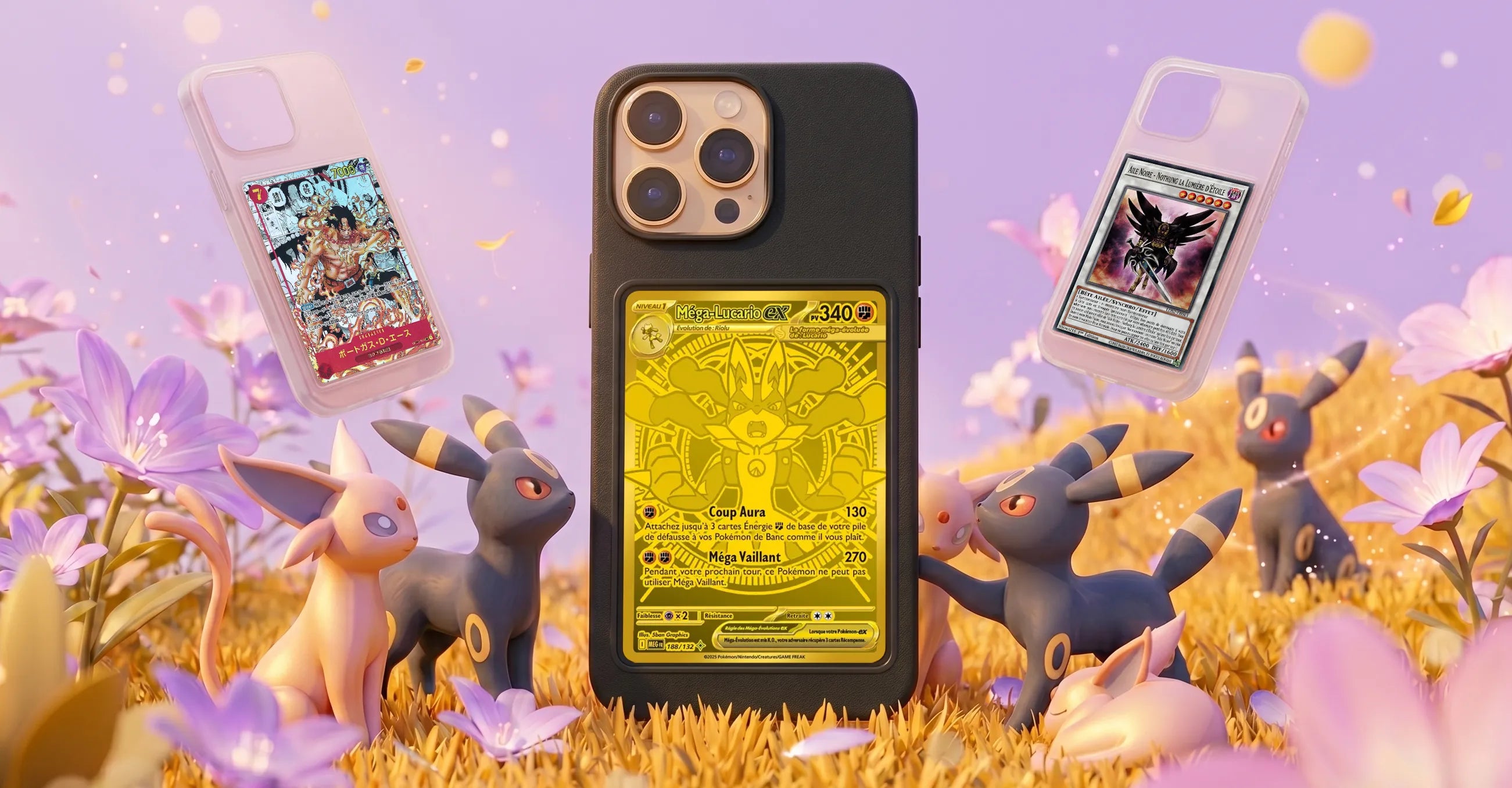 Coque iPhone noire avec carte Méga-Lucario EX dorée entourée de Noctali et Mentali 3D
